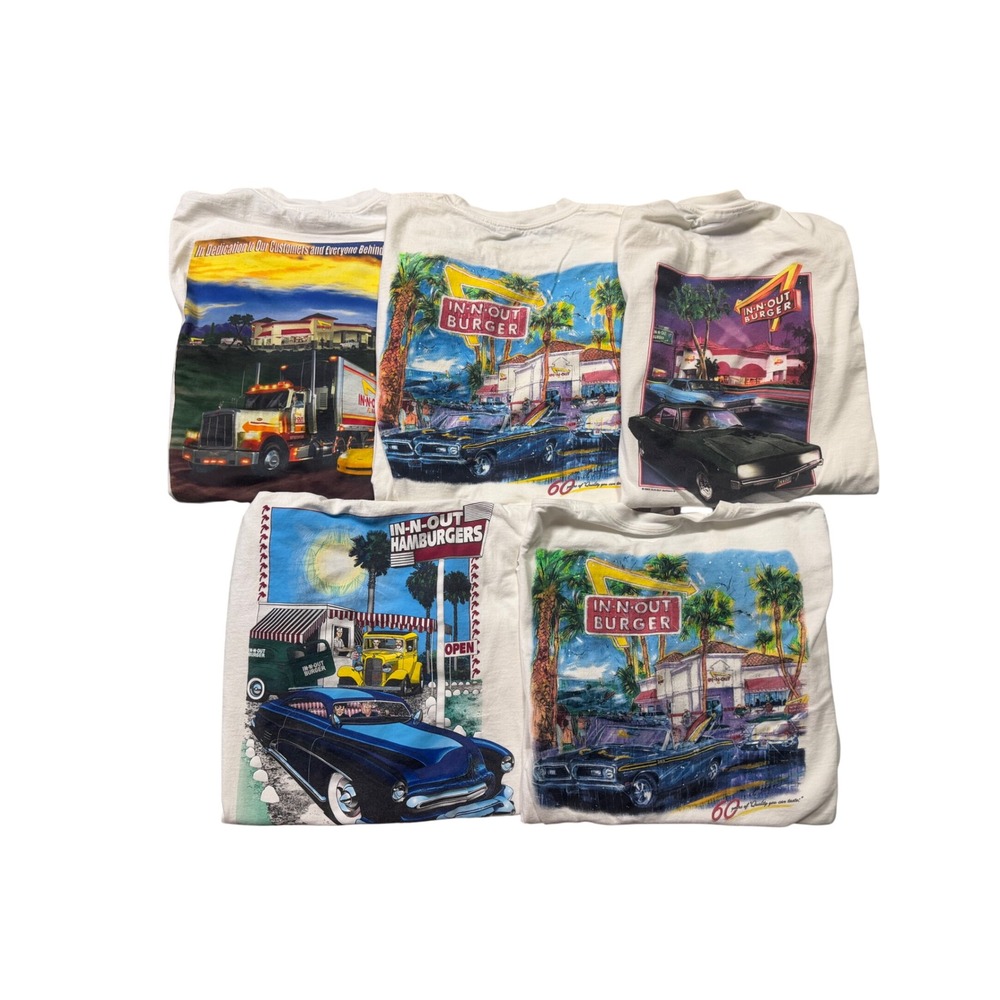 Lot of 5 In-N-Out Burger Graphic T-Shirts XL Cars Restaurant Souvenir Tees